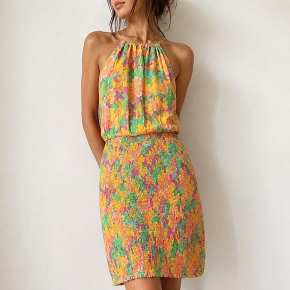 Lost + Wander Dresses & Skirts - Lost + Wander Peach Multi Floral Halter Smocked Mini Dress Small Vacation Summer